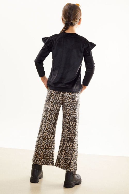 Leopar Desenli Volanlı Bluzlu Kız Çocuk Kadife Takım 17036