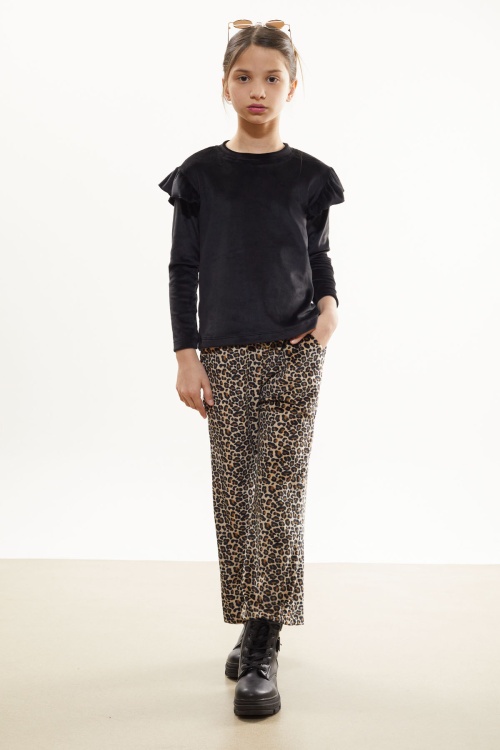 Leopar Desenli Volanlı Bluzlu Kız Çocuk Kadife Takım 17036