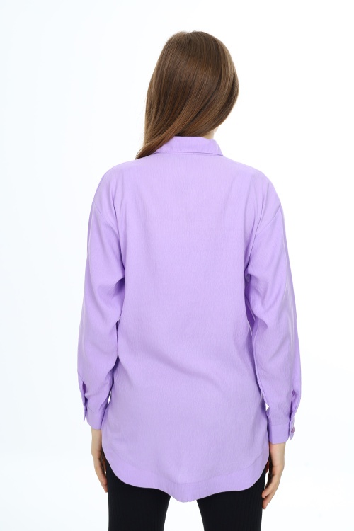 Lila Ayıcık Baskılı Yırtmaçlı Kız Çocuk Düğmeli Gömlek 18421