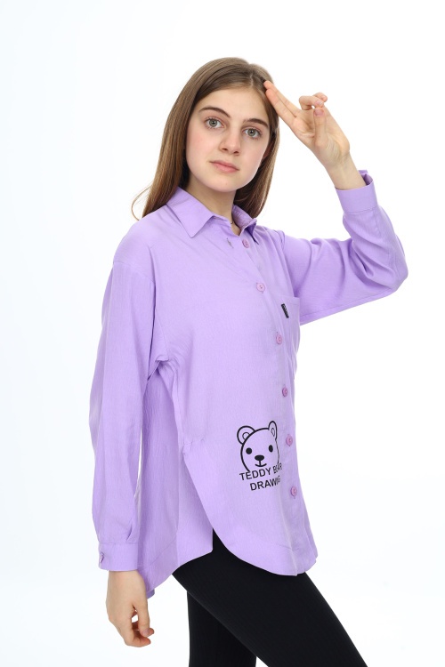 Lila Ayıcık Baskılı Yırtmaçlı Kız Çocuk Düğmeli Gömlek 18421
