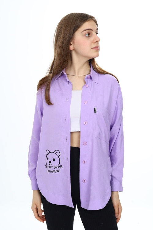 Lila Ayıcık Baskılı Yırtmaçlı Kız Çocuk Düğmeli Gömlek 18421