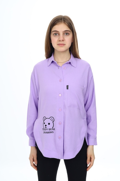 Lila Ayıcık Baskılı Yırtmaçlı Kız Çocuk Düğmeli Gömlek 18421