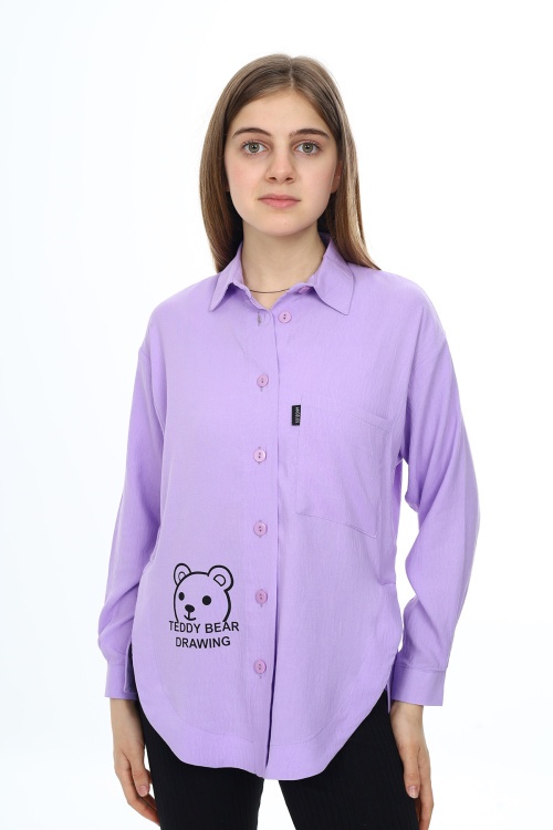 Lila Ayıcık Baskılı Yırtmaçlı Kız Çocuk Düğmeli Gömlek 18421
