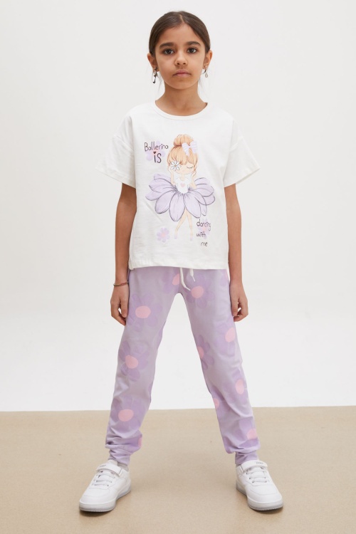 Lila Balerin Baskılı Simli Tişörtlü Kız Çocuk Takım 18019