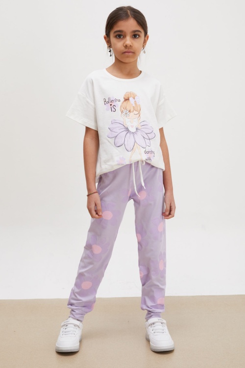 Lila Balerin Baskılı Simli Tişörtlü Kız Çocuk Takım 18019