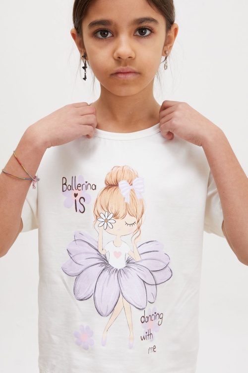 Lila Balerin Baskılı Simli Tişörtlü Kız Çocuk Takım 18019