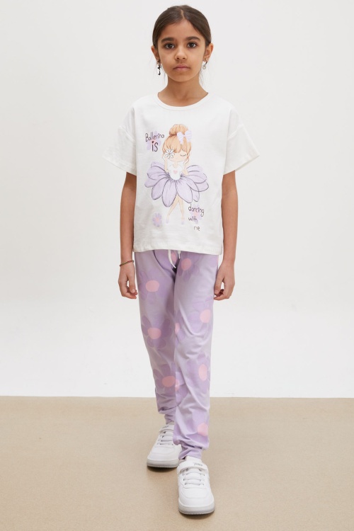 Lila Balerin Baskılı Simli Tişörtlü Kız Çocuk Takım 18019