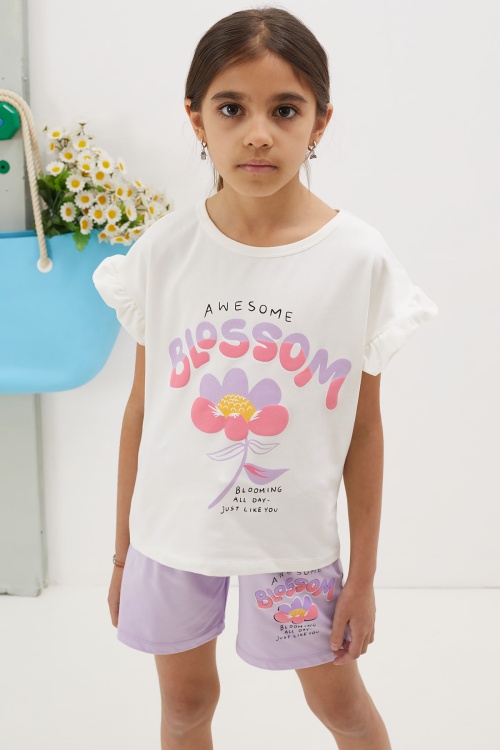 Lila Çiçek Baskılı Yazılı Mini Şortlu Kız Çocuk Takım 18687