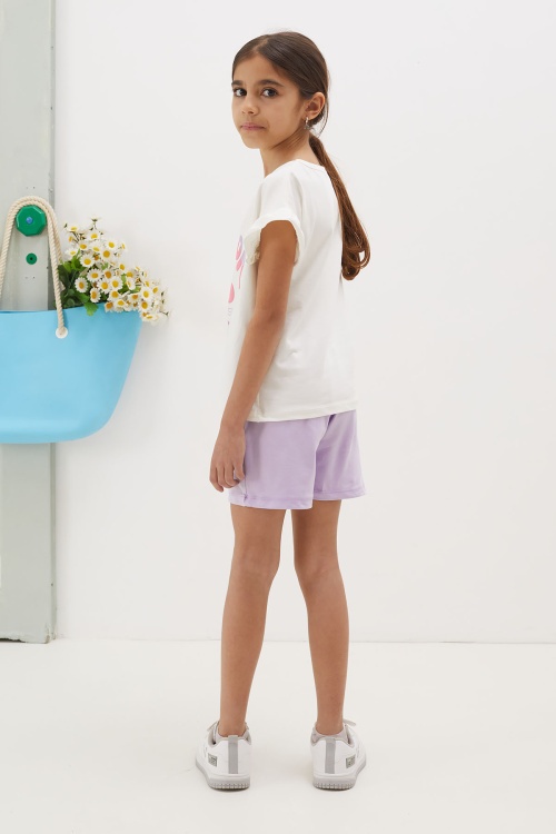 Lila Çiçek Baskılı Yazılı Mini Şortlu Kız Çocuk Takım 18687
