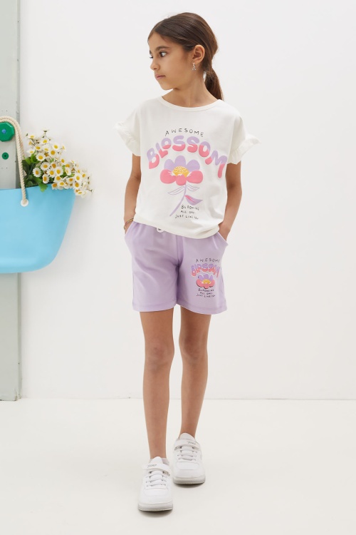 Lila Çiçek Baskılı Yazılı Mini Şortlu Kız Çocuk Takım 18687