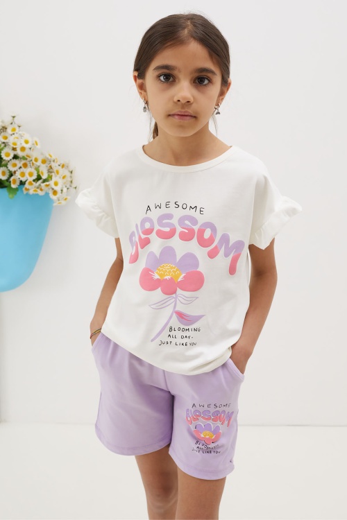 Lila Çiçek Baskılı Yazılı Mini Şortlu Kız Çocuk Takım 18687