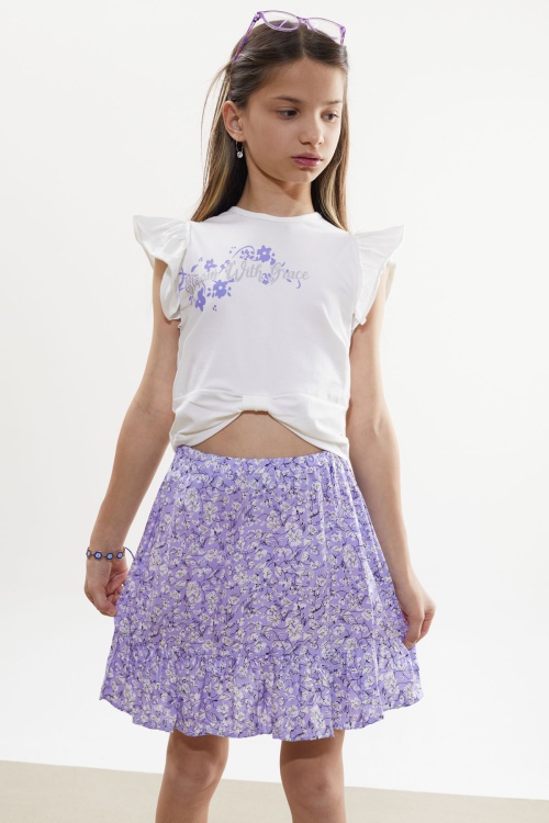 Lila Çiçek Desenli Etekli Baskılı Tişörtlü Kız Çocuk Takım 18504