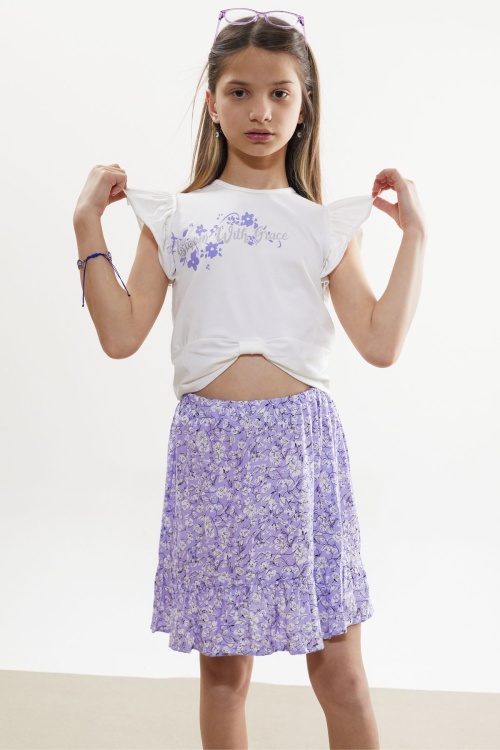 Lila Çiçek Desenli Etekli Baskılı Tişörtlü Kız Çocuk Takım 18504