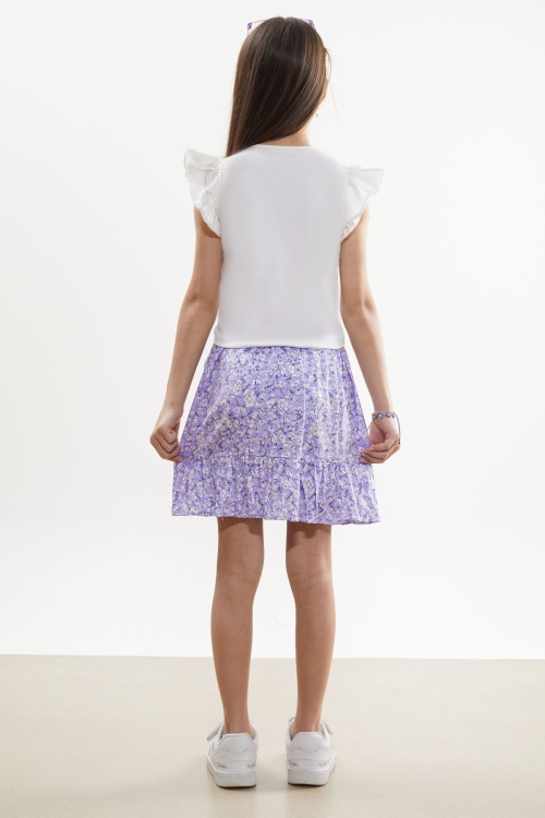Lila Çiçek Desenli Etekli Baskılı Tişörtlü Kız Çocuk Takım 18504