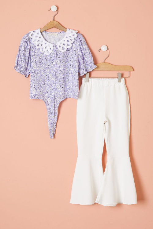 Lila Çiçek Desenli Fularlı Bluzlu Kız Çocuk İspanyol Pantolonlu Takım 18467