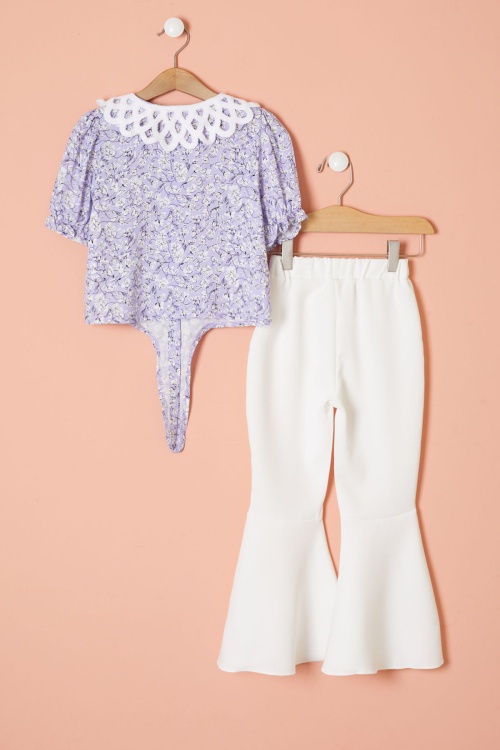 Lila Çiçek Desenli Fularlı Bluzlu Kız Çocuk İspanyol Pantolonlu Takım 18467