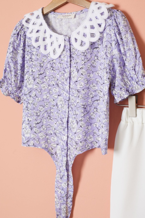 Lila Çiçek Desenli Fularlı Bluzlu Kız Çocuk İspanyol Pantolonlu Takım 18467