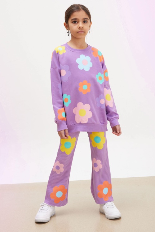 Lila Çiçek Desenli İspanyol Paça Taytlı Kız Çocuk Takım 18234