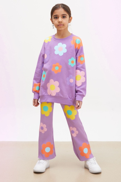 Lila Çiçek Desenli İspanyol Paça Taytlı Kız Çocuk Takım 18234