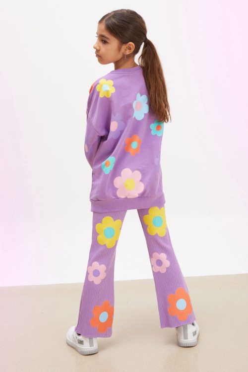 Lila Çiçek Desenli İspanyol Paça Taytlı Kız Çocuk Takım 18234