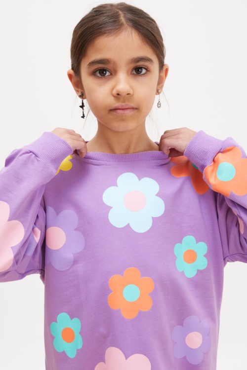 Lila Çiçek Desenli İspanyol Paça Taytlı Kız Çocuk Takım 18234