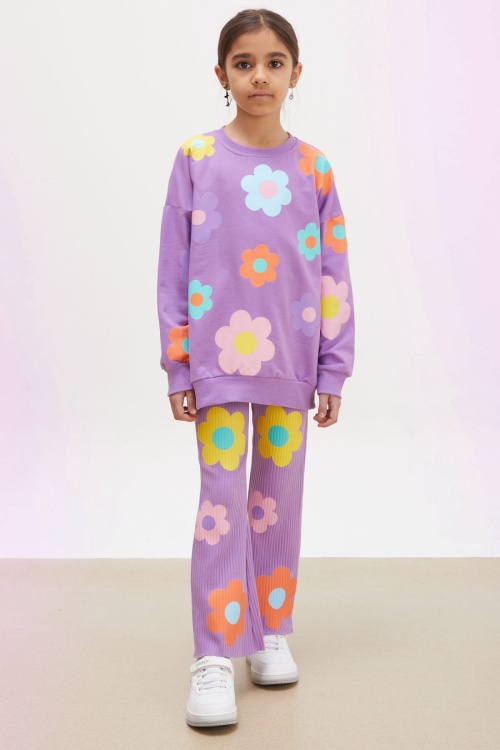 Lila Çiçek Desenli İspanyol Paça Taytlı Kız Çocuk Takım 18234