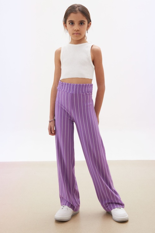 Lila Çizgi Desenli Kuşaklı Geniş Paça Kız Çocuk Pantolon 18244