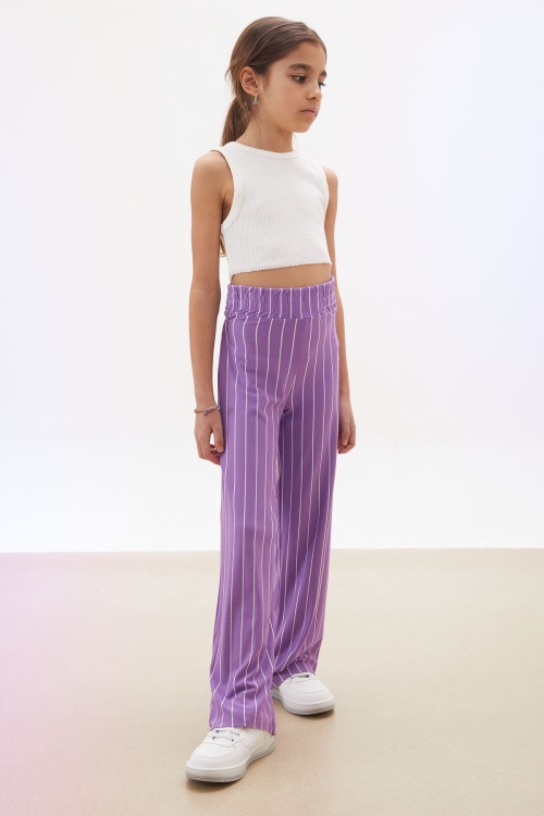 Lila Çizgi Desenli Kuşaklı Geniş Paça Kız Çocuk Pantolon 18244