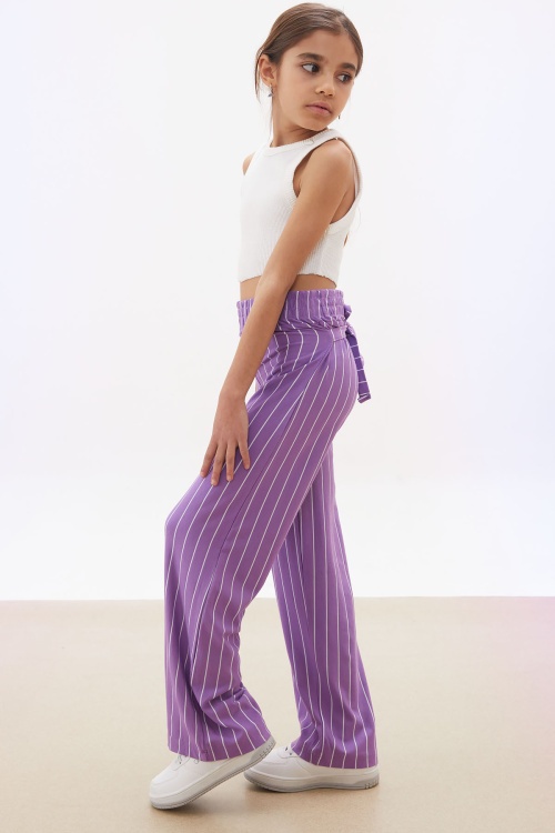 Lila Çizgi Desenli Kuşaklı Geniş Paça Kız Çocuk Pantolon 18244