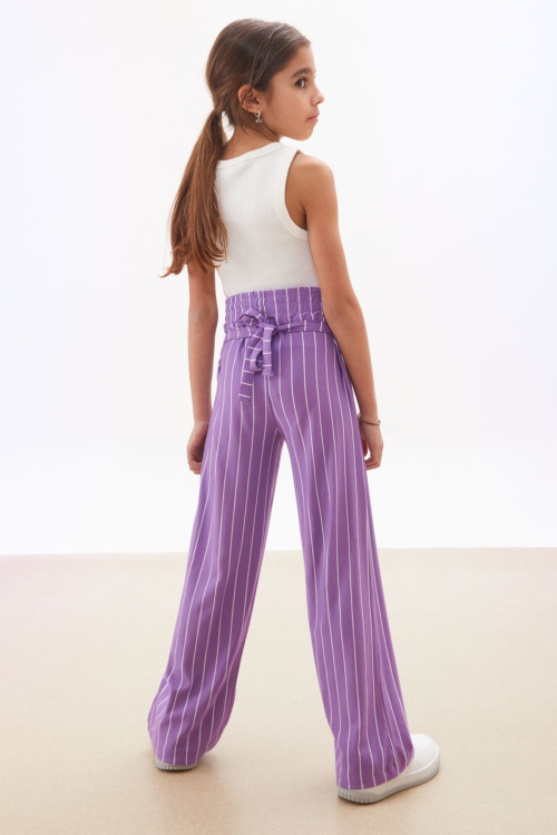 Lila Çizgi Desenli Kuşaklı Geniş Paça Kız Çocuk Pantolon 18244