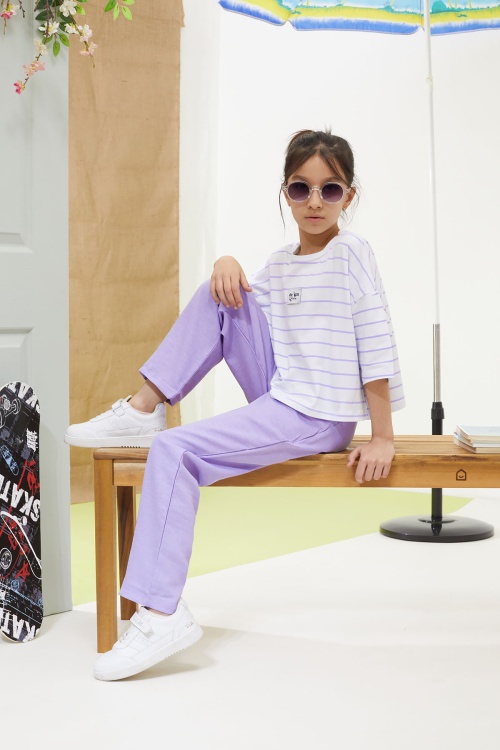 Lila Çizgili Oversize Tişörtlü Pantolonlu Kız Çocuk Takım 18619