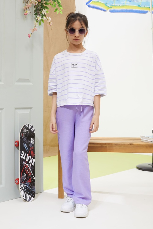 Lila Çizgili Oversize Tişörtlü Pantolonlu Kız Çocuk Takım 18619