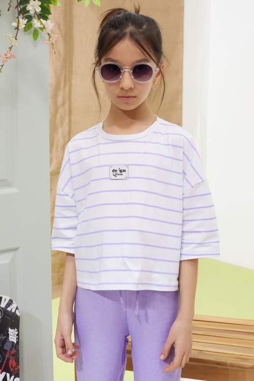 Lila Çizgili Oversize Tişörtlü Pantolonlu Kız Çocuk Takım 18619