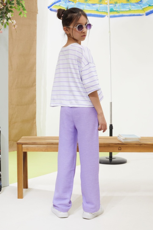 Lila Çizgili Oversize Tişörtlü Pantolonlu Kız Çocuk Takım 18619
