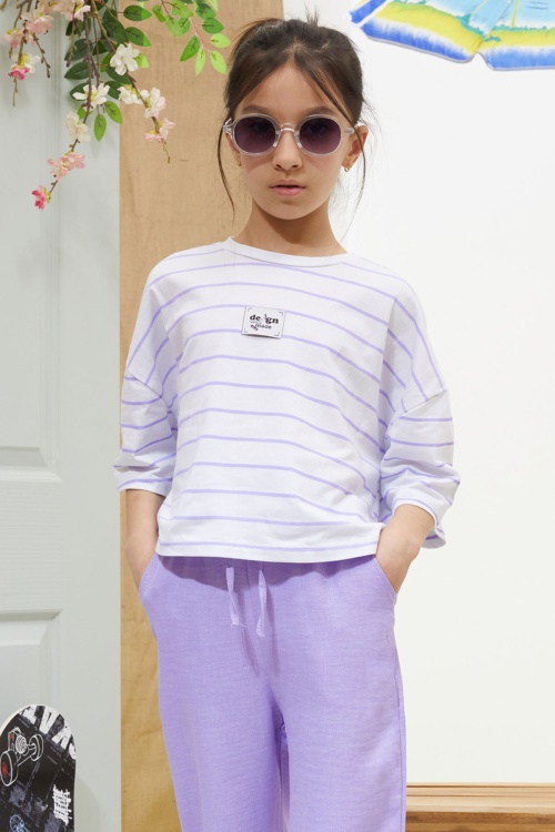 Lila Çizgili Oversize Tişörtlü Pantolonlu Kız Çocuk Takım 18619