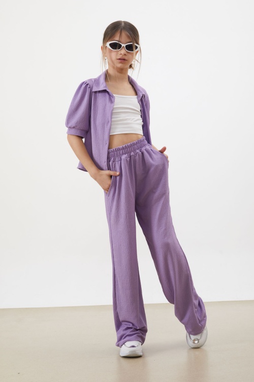 Lila Croplu Gömlekli Kız Çocuk Pantolonlu Alt Üst Takım 18410