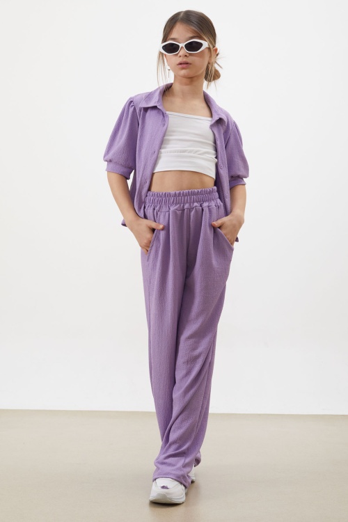 Lila Croplu Gömlekli Kız Çocuk Pantolonlu Alt Üst Takım 18410