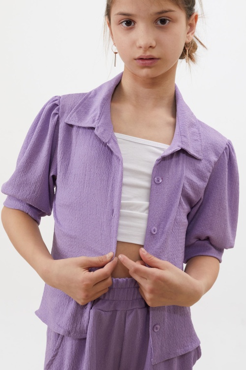 Lila Croplu Gömlekli Kız Çocuk Pantolonlu Alt Üst Takım 18410