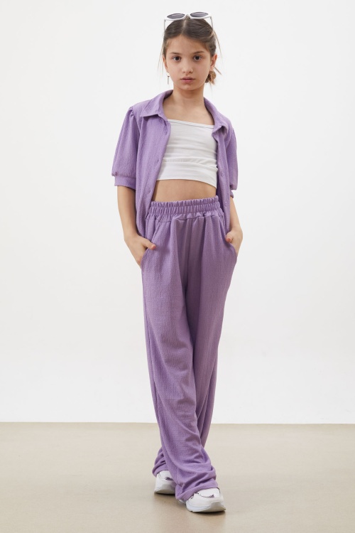 Lila Croplu Gömlekli Kız Çocuk Pantolonlu Alt Üst Takım 18410