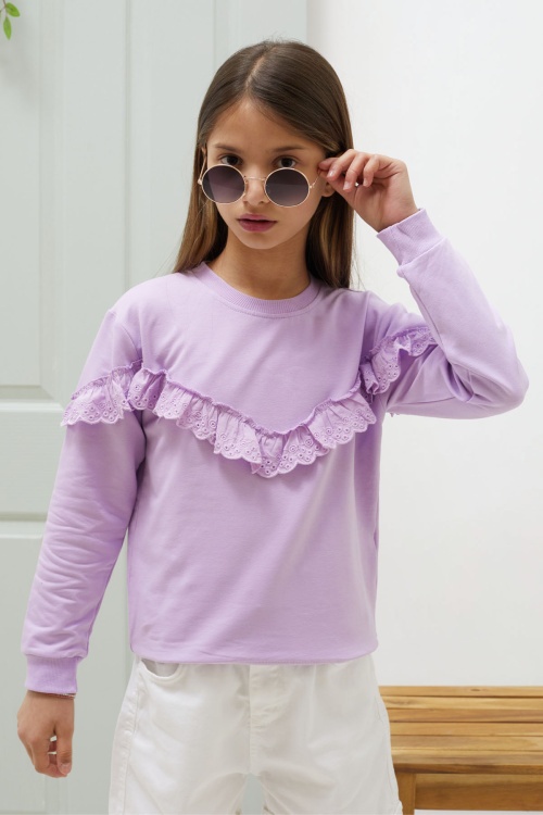 Lila Dantel Detaylı Bisiklet Yaka Kız Çocuk Sweatshirt 18548