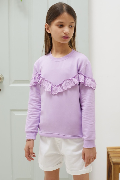 Lila Dantel Detaylı Bisiklet Yaka Kız Çocuk Sweatshirt 18548