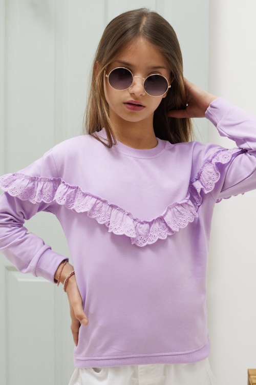 Lila Dantel Detaylı Bisiklet Yaka Kız Çocuk Sweatshirt 18548