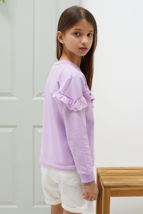 Lila Dantel Detaylı Bisiklet Yaka Kız Çocuk Sweatshirt 18548