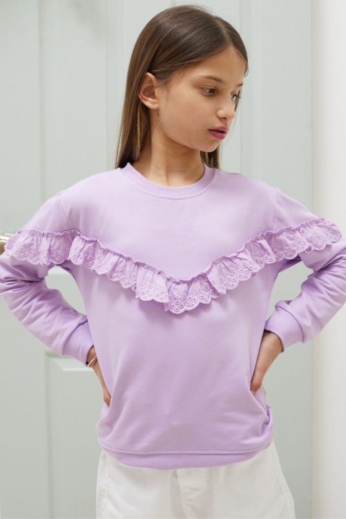Lila Dantel Detaylı Bisiklet Yaka Kız Çocuk Sweatshirt 18548