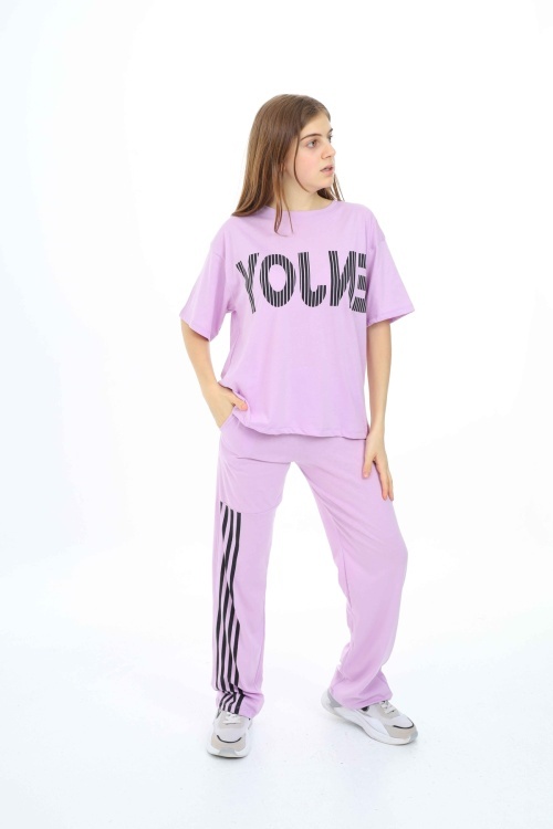 Lila Enjoy Yazılı Şeritli Kız Çocuk Takım 18703