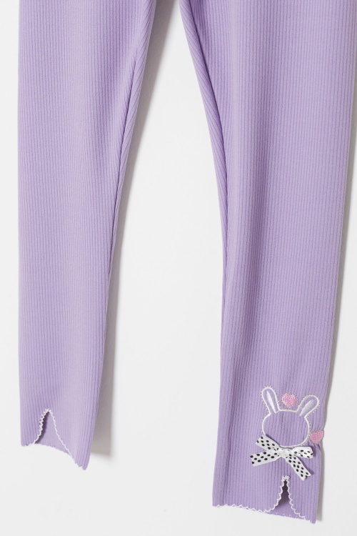 Lila Fiyonklu Tavşan Nakışlı Fitilli Kız Çocuk Yırtmaçlı Tayt 18152