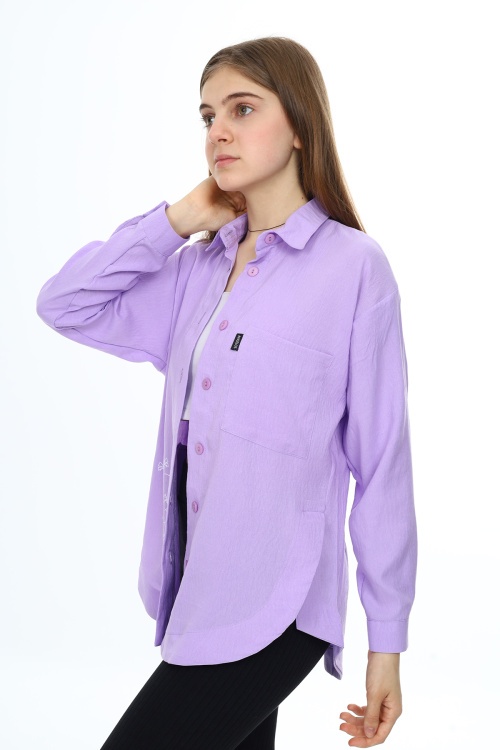 Lila Kalp Baskılı Yırtmaç Detaylı Kız Çocuk Düğmeli Gömlek 18427