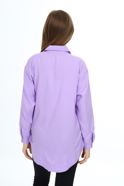 Lila Kalp Baskılı Yırtmaç Detaylı Kız Çocuk Düğmeli Gömlek 18427