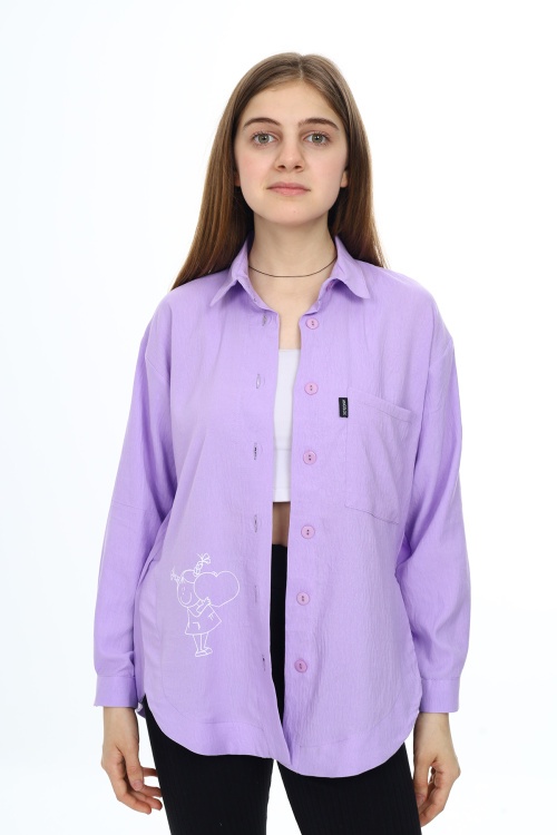Lila Kalp Baskılı Yırtmaç Detaylı Kız Çocuk Düğmeli Gömlek 18427