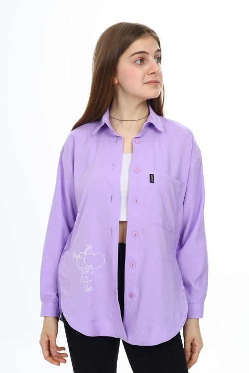 Lila Kalp Baskılı Yırtmaç Detaylı Kız Çocuk Düğmeli Gömlek 18427